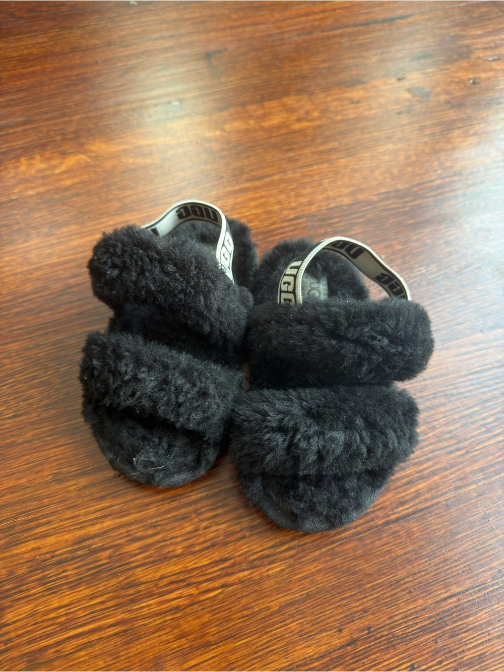 UGG Black Shearling Double-Strap Slide Sandals with Branded Heel